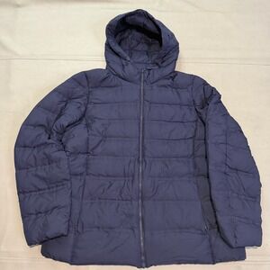 Uniqlo Women Lightweight Down Feather Jacket Navy Blue Hood Nano Puffer-L-5015